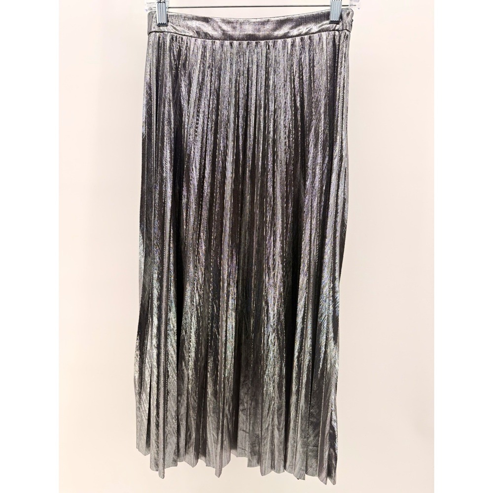 AVARA Women's Metallic Silver Pleated Satin Midi Skirt Pull On Size S